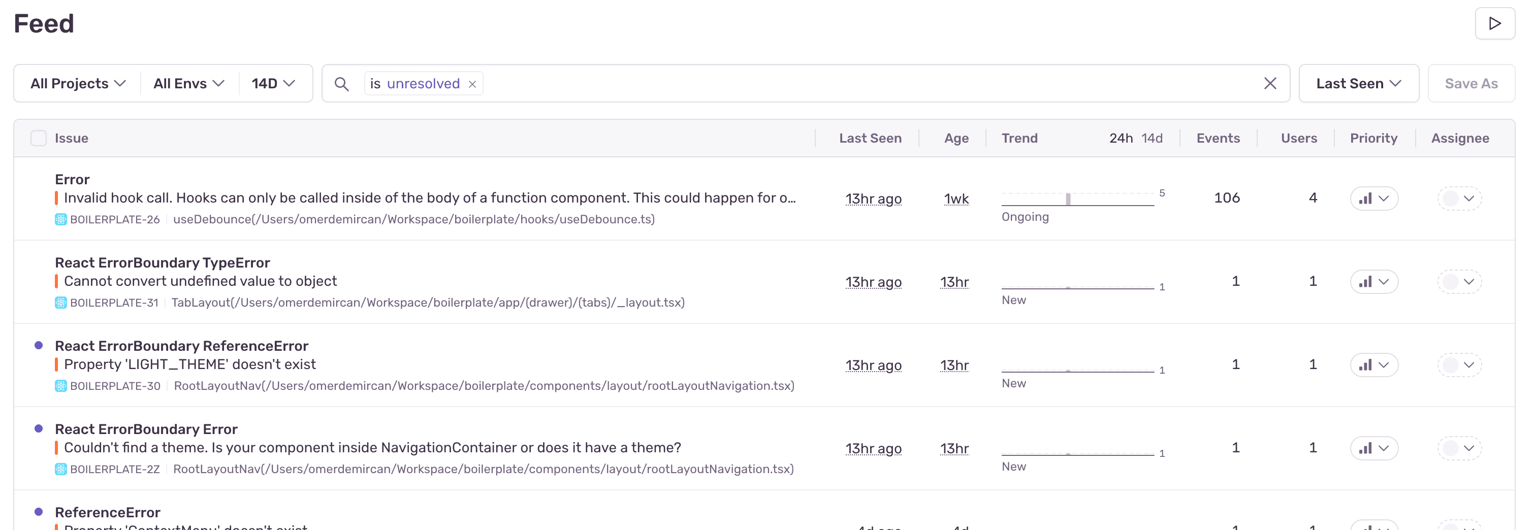 sentry-error-feed-screen